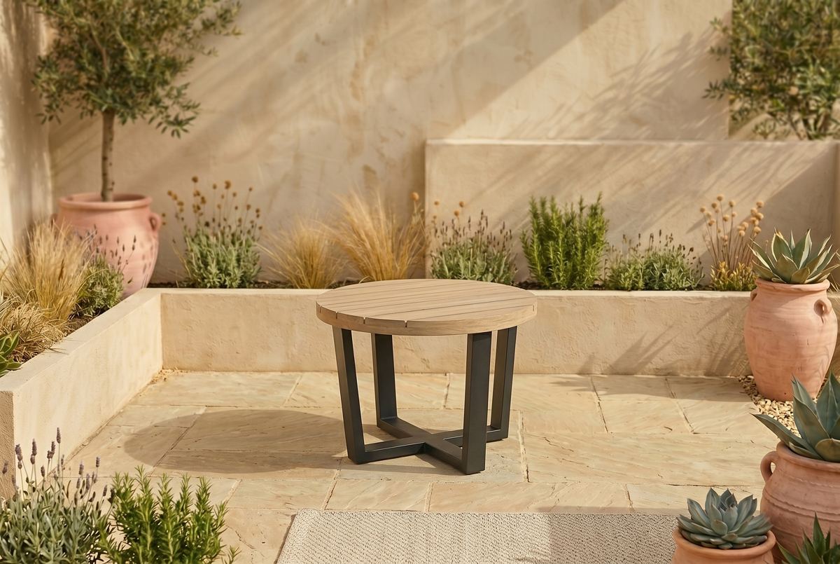 A round timber and steel table in a sunlit courtyard with olive trees and terracotta pots
